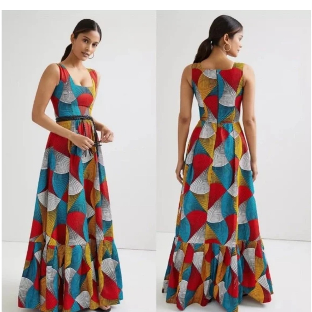 SIKA x Anthropologie Maxi Dress 12P Petite Geometric Print Ghana-Made